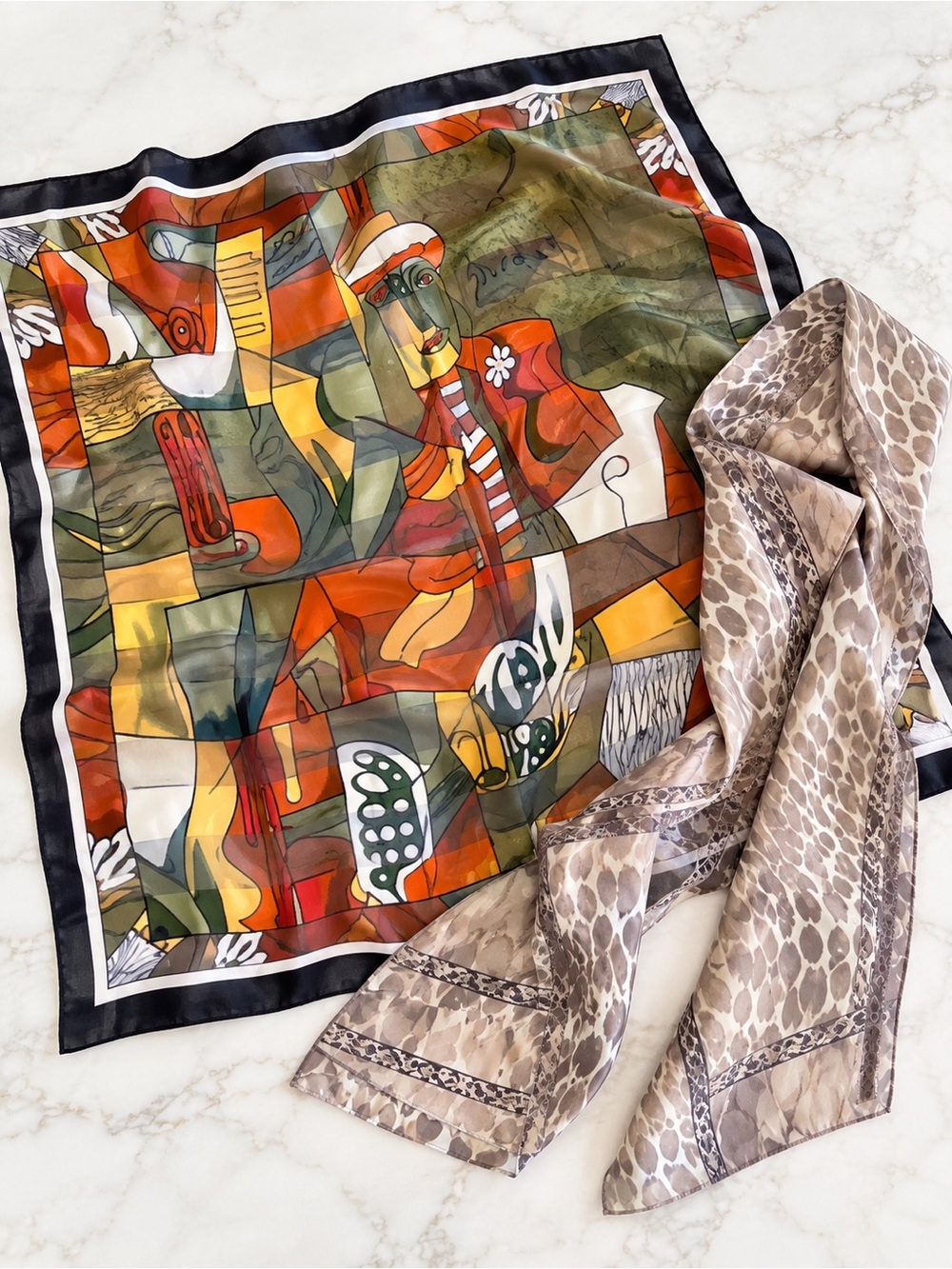 Oscar de la Renta 100% Silk Skinny Scarf & Picasso Abstract Art Square Scarf